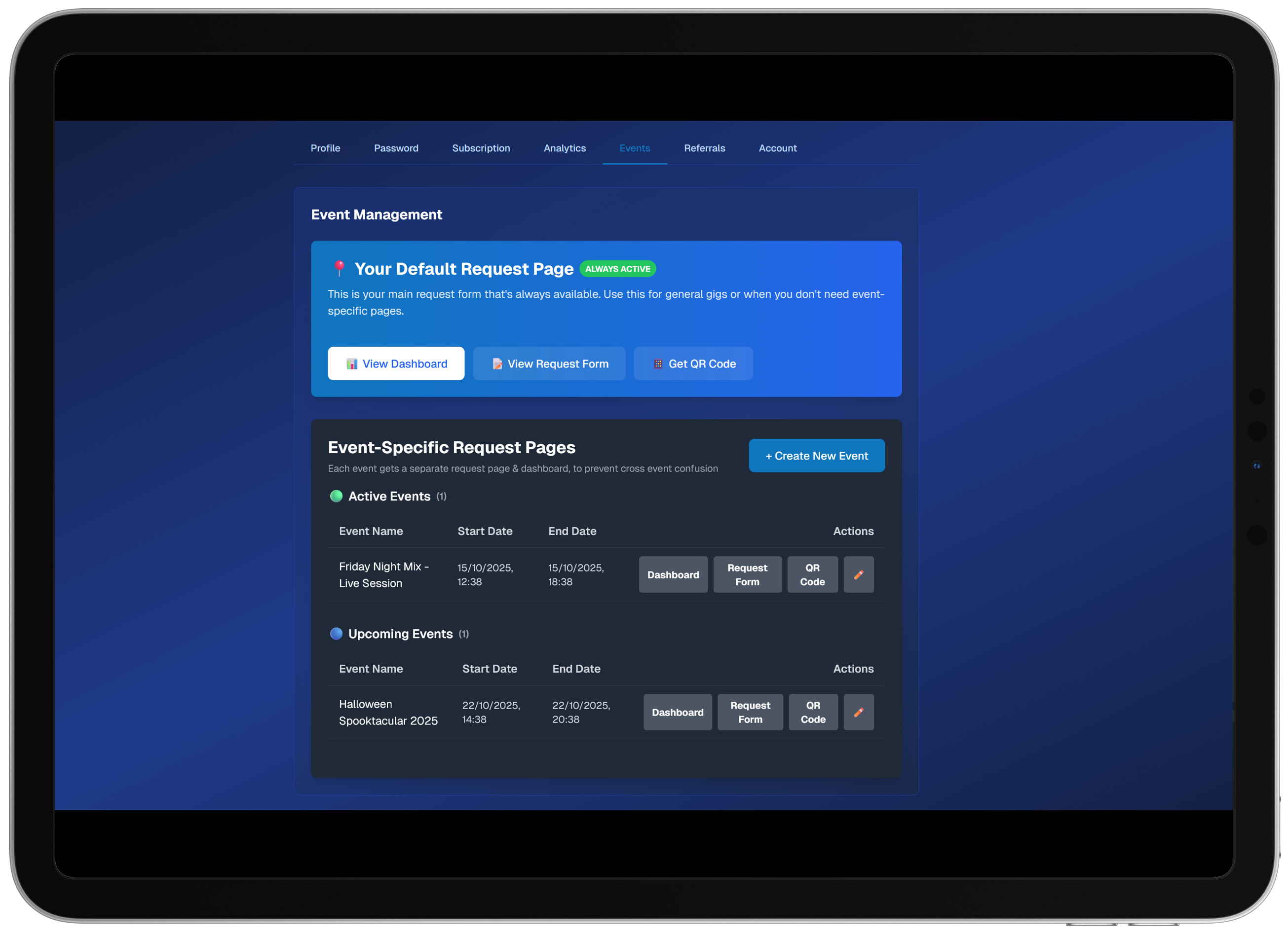 Multi-Event Management - Schedule multiple events with different dates